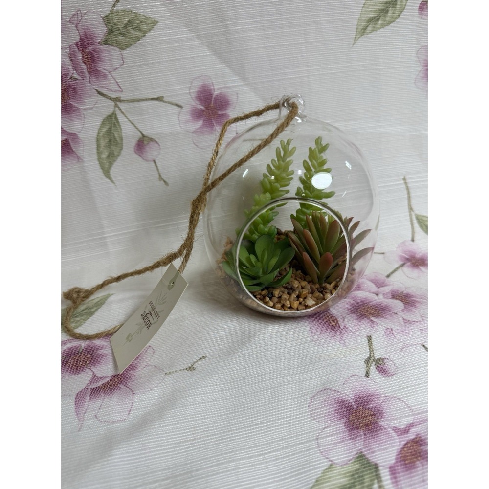 World Market Hanging Glass Terrarium Faux Succulent Plants 5x6"